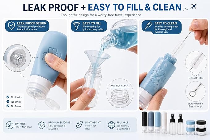 18 Pack TSA Approved Travel Bottles for Toiletries – Leak Proof Silicone Refillable Containers Set with Toiletry Bag, Squeeze Bottles, Spray Bottles & Cream Jars for Shampoo, Conditioner & Lotion