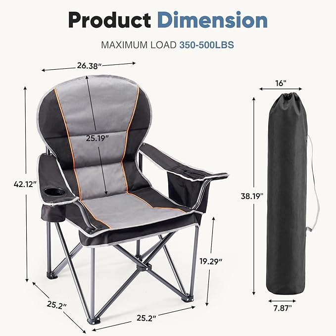 NEWBULIG Oversized Folding Camping Chair for Adults, Portable Outdoor Collapsible Chairs, 500 LBS Heavy Duty Support, with Cup Holders, for Lawn, Fishing, Hiking, Black