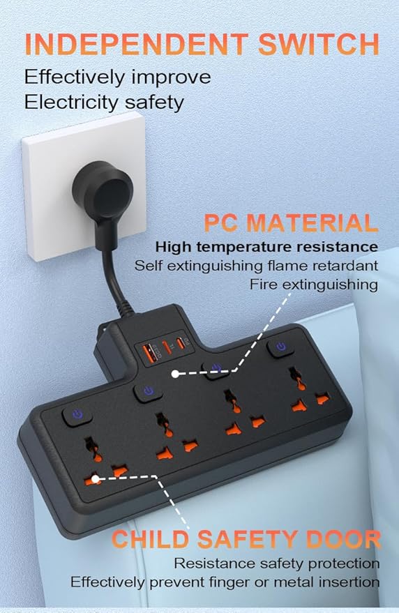 Wall Mount Power Strip with 4 AC Outlets & USB-C (20W) and USB Ports, Plug Extender with Individual Switches, Space Saving Multi Plug Outlet for Home, Office, Dorm & Travel, White