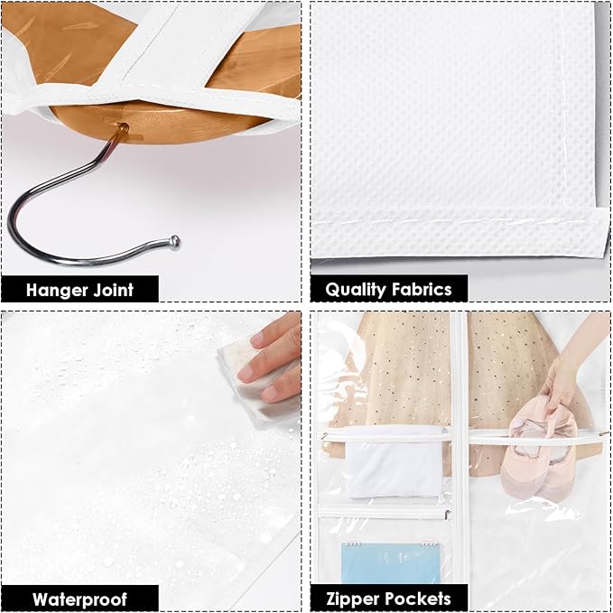Univivi Dance Costume Bags Garment Bag 40 Inch Hanging Clothes for Dance Competitions, with 3 Medium Clear Zipper Pockets for Dance Costumes, Closet Storage (White) - 8 Pack