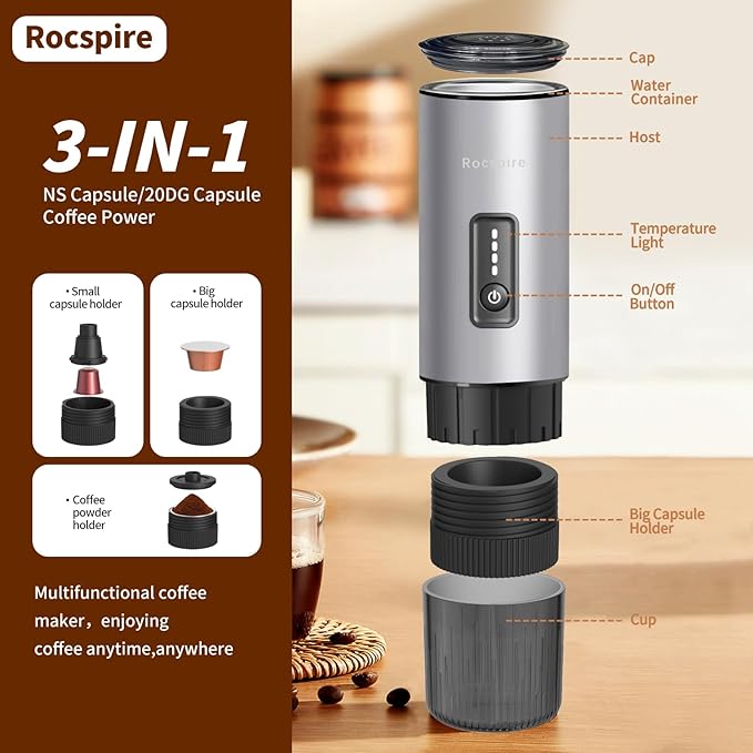 3-in-1 Portable Espresso Maker 20 Bar Self-Heating Stainless Steel Fits Ground Coffee & Nespresso Capsules USB-C Rechargeable for Camping Car Hiking Office