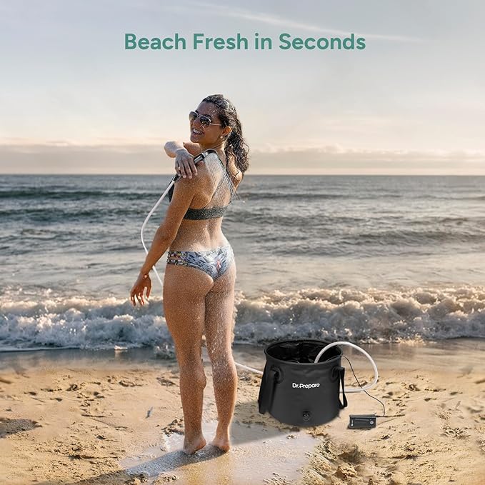 DR.PREPARE Portable Shower for Camping, Camping Shower with 4.5 Gallons Foldable Bucket, USB Rechargeable Battery, 2 Shower Heads, Outdoor Camp Showers for Hiking, Travel, Climbing, Pet Cleaning