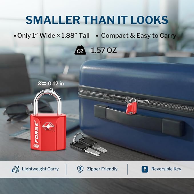 Forge Small TSA Approved Luggage Locks: Ultra Secure Dimple Key Travel Locks Alloy Body, for Luggage, Travel Cases, Backpacks, Red 4 Pack.