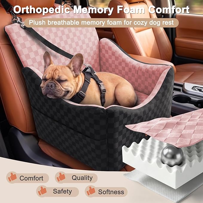 JOEJOY Elevated Dog Car Seat for Small/Medium Dogs up to 35 lbs, Memory Foam Booster Seat with Detachable Washable Cover, Travel-Safe Car Bed with Safety Belts & Storage Pockets, Pink