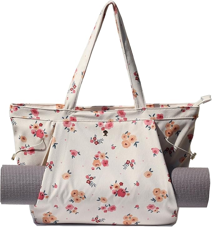 ESVAN Corduroy Yoga Tote Bag Gifts for Women Drawstring Yoga Mat Bag for Office Workout Travel Carryall Pilates Gym