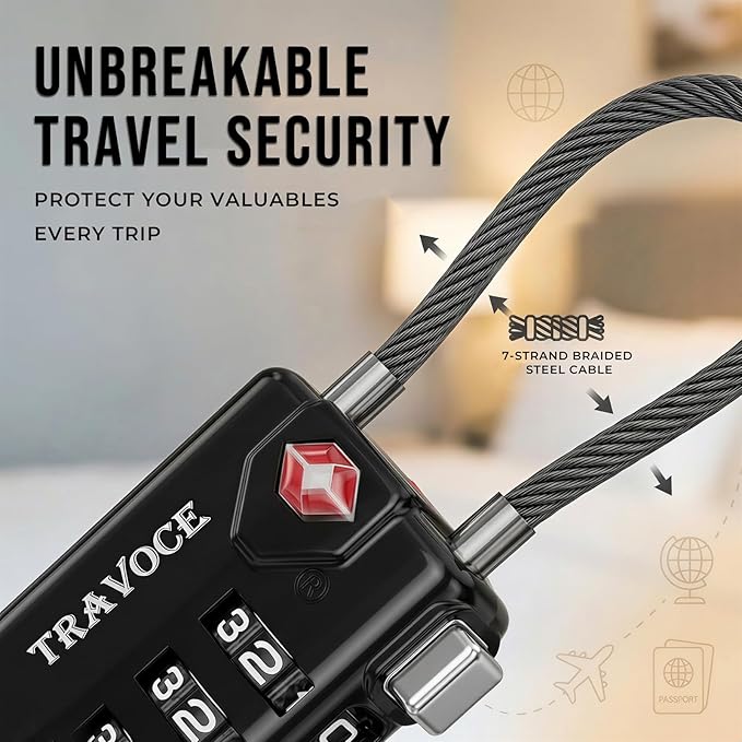 TRAVOCE TSA Approved Luggage Locks - Heavy Duty 3 Digit Combination Cable Lock, Search Alert for Suitcases, Backpacks, Golf Bags, Tents, Violin and Camera Cases, 2 Pack, Black