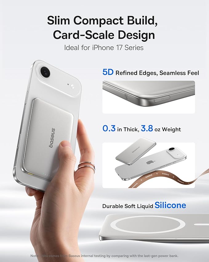 Baseus Picogo Power Bank, 0.3" Ultra Slim 5000mAh MagSafe Battery Pack, Upgraded CCC Certified and Polished Alloy Magnetic Portable Charger, Wireless Charger for iPhone 17/16/15/14/13/12