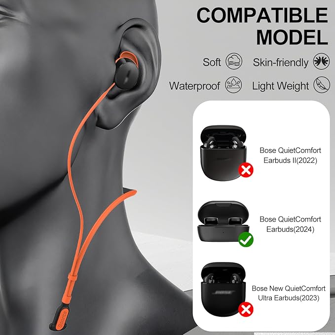 Compatible for Bose QuietComfort Earbuds (2024) Strap, Skin-Friendly Silicone Sports Neckband Wire Cord, Wireless Headphone Anti-Lost Strap, Black with Orange