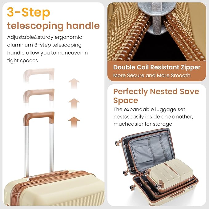 Hard Shell Luggage Sets 4 Piece with 360 Spinner Wheels,Lightweight Suitcase Set with TSA Lock,Travel Luggage Set with Telescoping Handle,Light and Strong,Easy to Clean (Apricot Cream)