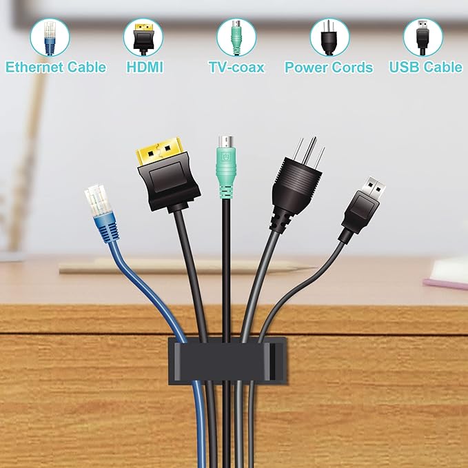 Cable Management Clips, Large Cord Clips for Under Desk Wire Management, Adhesive Organizer Multiple Cord (Computer/PC, Network, TV, Ethernet) Black 20 PCS