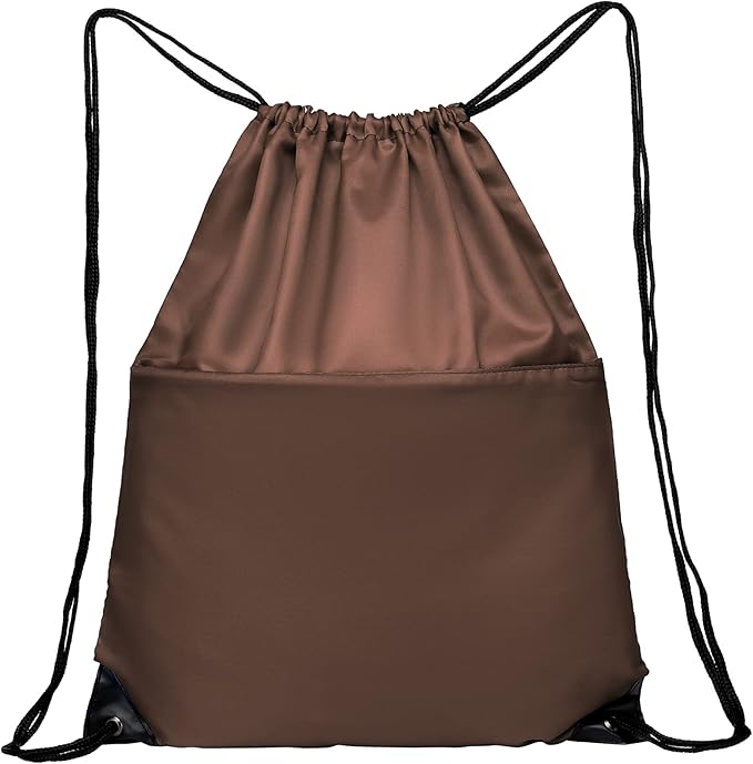 Drawstring Backpack Sports Water Resistant String Bag Sport Gym Sackpack for Women Men Students Large Size with Zipper, Brown