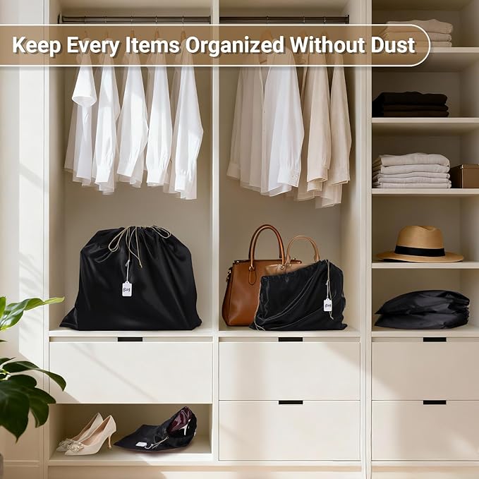 Ewen Small Medium Large Satin Drawstring Dustbags with Tags, 3 Pack Dustproof Travel Essentials Organizer Bags for Handbags, Black Packing Bags for Closet Home Storage Jewelry Shoes Purse Organization
