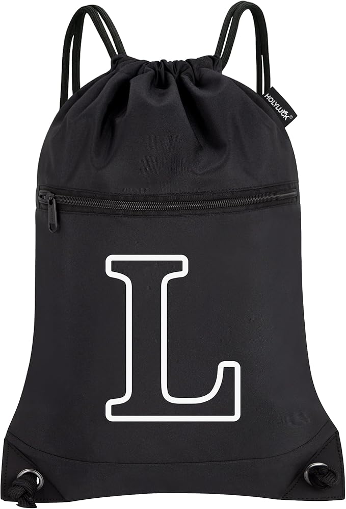 HOLYLUCK Drawstring Bags Initial Backpack Sackpack Cinch Bags for Sports, Gym, Travel, Beach (Black-L)