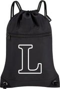 HOLYLUCK Drawstring Bags Initial Backpack Sackpack Cinch Bags for Sports, Gym, Travel, Beach (Black-L)