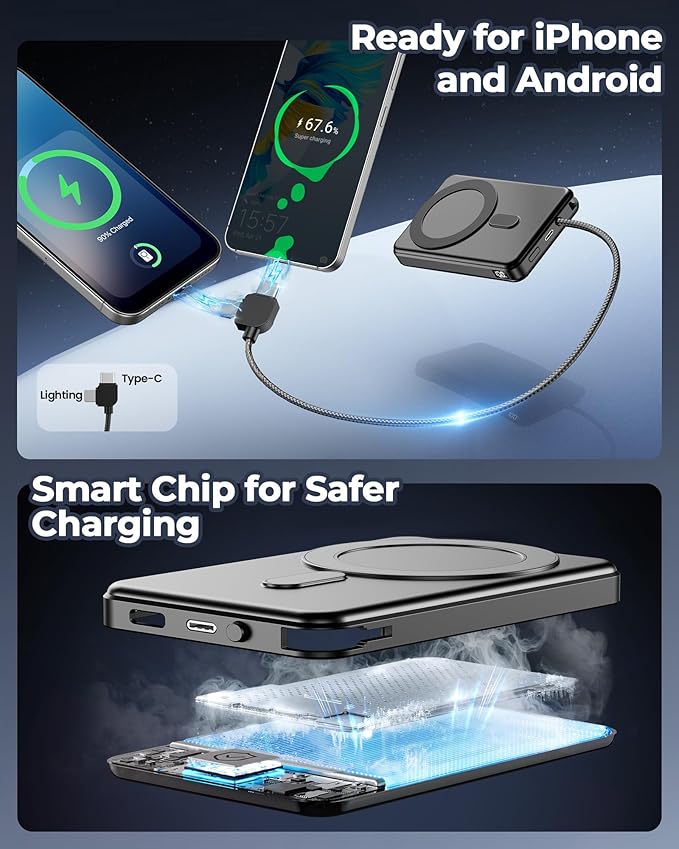 golioklsy Portable Charger Power Bank, 10000mAh Phone Charger with Built-in Cable, 20W PD Fast Charging, Slim Battery Pack with LED Display, Travel Essential for iPhone 17/16/15/14 All Series, Black