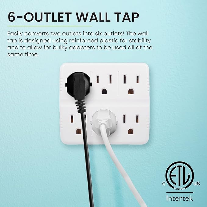 GoGreen Power Inc. (G-16000TW-2) 6-Outlet Tri-Tap Adapter, 6 Outlet Wall Tap Adapter, White, 2 Pack