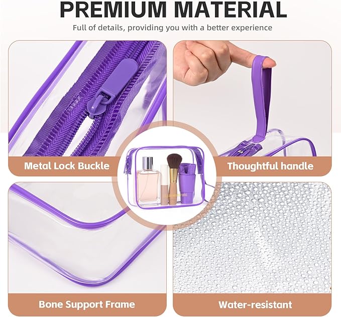 Icramsy Clear Makeup Bag,2 Pack TSA Approved Toiletry Bag Travel Toiletry Bag Hanging Makeup Cosmetic bag for Women Men (Purple)