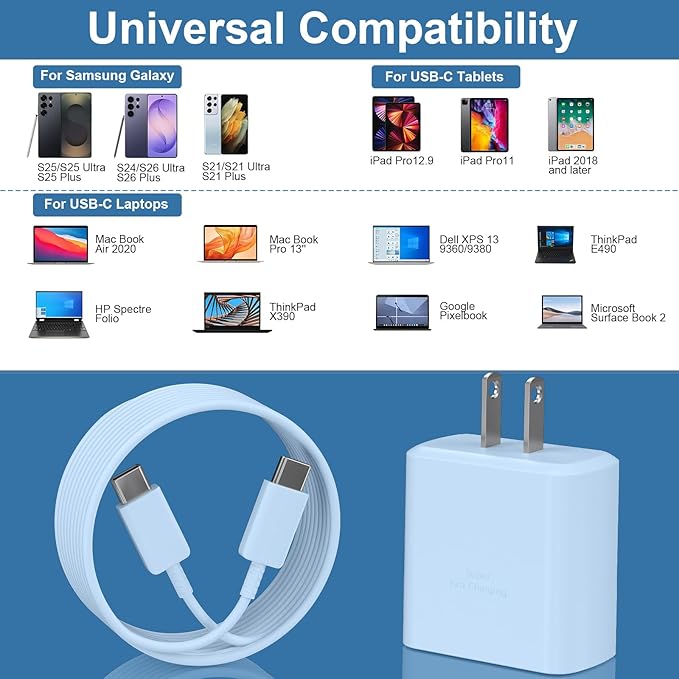 Super Fast Charger USB C, 45W Type C Charger Fast Charging Cable Block for Samsung Galaxy S26 S25 S24 S23 Ultra/S26 S25 S24 S23 S22 S21 S20/Note 10/20, PPS Wall Charger with 6.6FT Cord-Blue