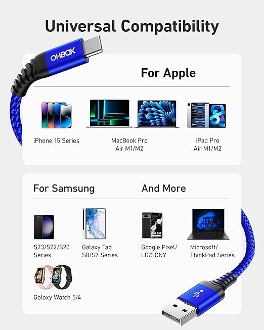 USB A to USB C Cables Fast Charging [2 Pack 3FT], USB to USB C Cable for CarPlay, iPhone USB Type C Charger Durable Braided USBC Cord for iPhone 17/16/15/Pro Max, Samsung Galaxy S23 and More-Blue