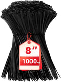 Zip Ties 8 inch, 1000 Pack Black Zip Ties, Self-Locking Nylon Cable Ties with 40 lbs Tensile Strength,Wire Ties for indoor and outdoor use.