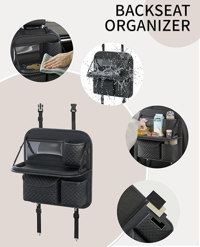 PU Leather Backseat Car Organizer with Foldable Tray & Tablet Holder, Luxury Diamond Stitching Design, Universal Car Seat Storage Organizer for Kids & Family Travel Accessories, Black