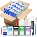 50 Set Personal Hygiene Kit Bulk,12-IN-1 Individually Wrapped Blue Basic Toiletry Supplies Disposable Travel Toothbrushes and Hotel Vanity Set for Homeless,Guests,Charity