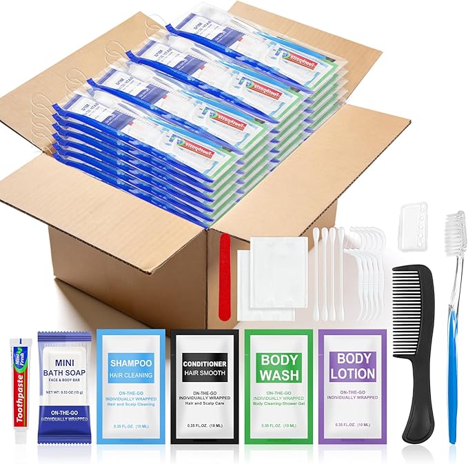 50 Set Personal Hygiene Kit Bulk,12-IN-1 Individually Wrapped Blue Basic Toiletry Supplies Disposable Travel Toothbrushes and Hotel Vanity Set for Homeless,Guests,Charity