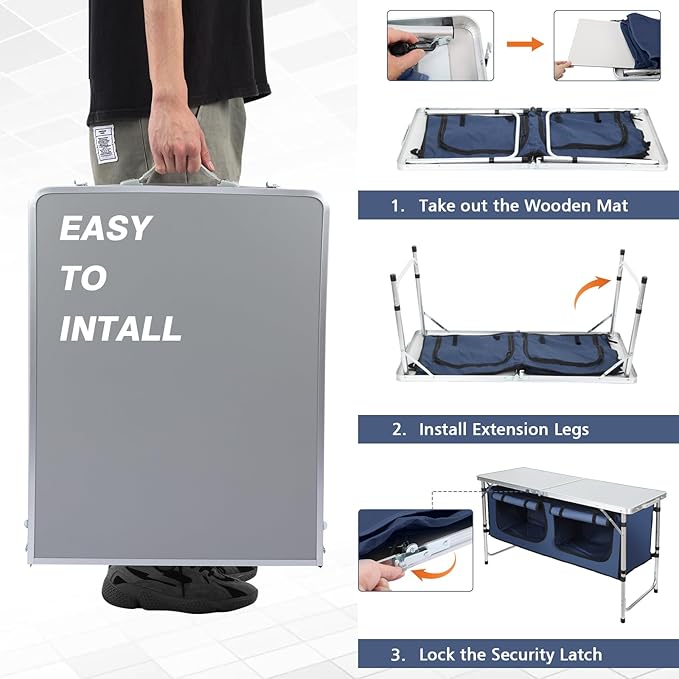 JOUYEK Camping Table, Folding Camping Table with Storage, Portable, Lightweight, 3 Height Adjustable Aluminum Outdoor Table for BBQ, Picnic, Camping, Hiking, Beach, and Indoor, Blue