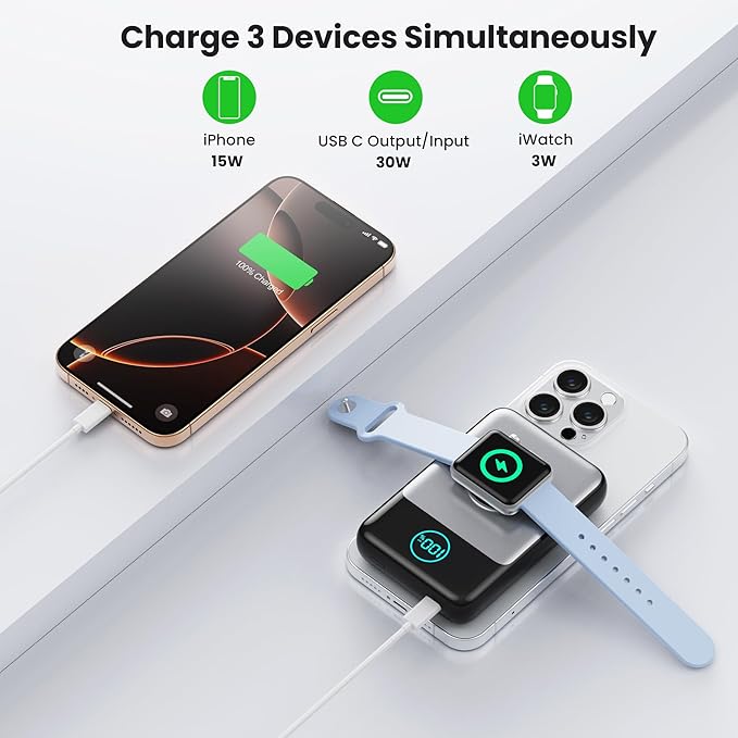 Magnetic Portable Charger for iPhone, 10800mAh 15W Wireless Power Bank with iWatch Charger,30W PD Fast Charging USB-C Travel Essentials Battery Pack for Magsafe,iPhone 17/16/15/14/13, Apple Watch
