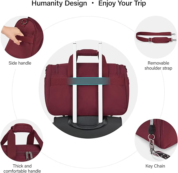 Hanke Small Travel Duffel Bag, Under Seat Carry On Personal Item Bag with 11 Pockets, Lightweight Water Resistant Foldable Weekender Bag with Trolley Sleeve for Travel Gym Daily Use（Burgundy）
