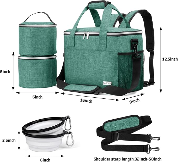 BAGLHER Dog Travel Bag Backpack Pet Supplies Backpack Pet Accessories Storage Bag 5-Piece Set With Shoulder Strap 2 Lined Pet Food Containers 2 Foldable Feeding Bowls Essential Kit for Pet travel