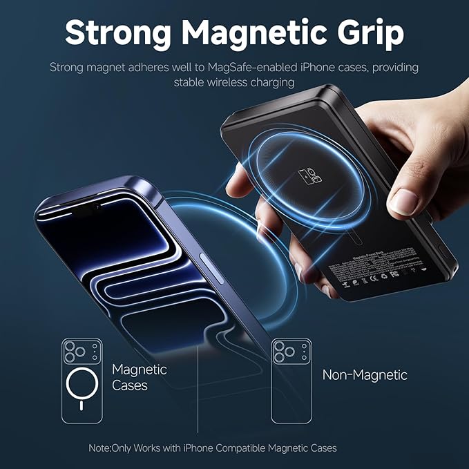 Qi2 Magnetic Portable Charger 10000mAh, 15W Wireless & 22.5W USB-C Fast Charger with Stand & LED Display, for iPhone 17/16/15/14,Black