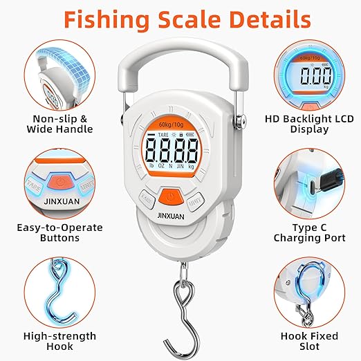 Fishing Scale 132lb/60kg Luggage Scale Digital Fish Scale with Backlit LCD Display, Fish Weight Scale Luggage Weight Scale Hanging Scale with 4 Units USB Cord, Fishing Accessories Fishing Gift