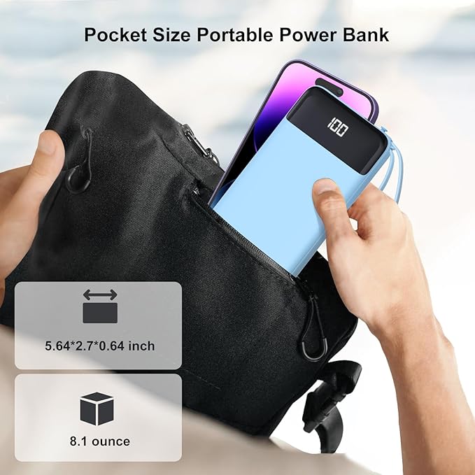 Portable Charger Built-in Cables,10000mAh Power Bank for iPhone,Fast Charge USB C Battery Pack Travel Essentials Slim Lightweight Powerbank Compatible with iPhone 17/16/15/14, Samsung, Android, etc