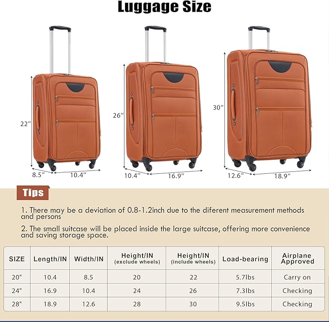 Lightweight Expandable Softside Luggage Sets 3 Piece, Large Capacity Travel Suitcase with Spinner Wheel, TSA Lock, Easy Access Design and Adjustable Telescoping Handle (Orange)