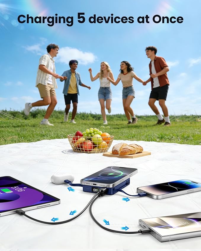 Magnetic Portable Charger, 22.5W Power Bank Fast Charging 10000mAh, Portable Charger with Built in Cable, for Magsafe Battery Pack Compatible with iPhone 17/16/15/14/13/12 Pro/Pro Max, Samsung Series