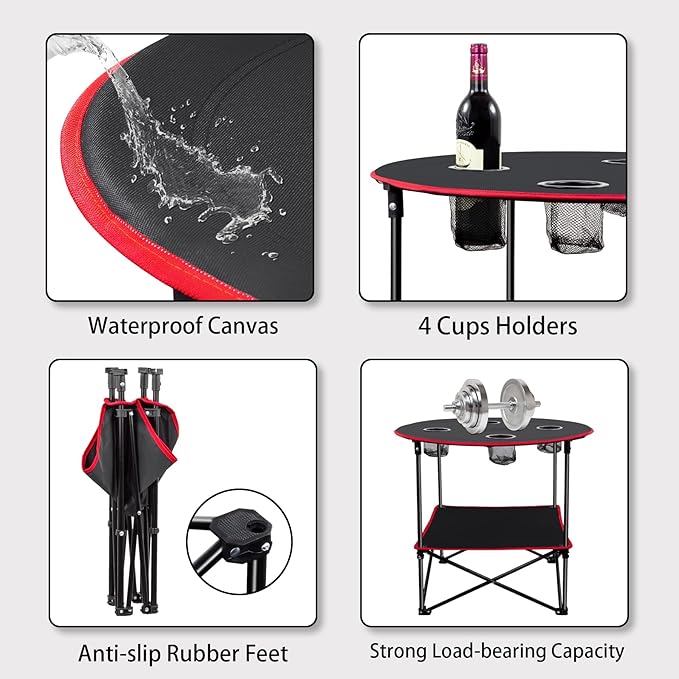 Portable Camping Table Folding Picnic Tables Lightweight Folding Table Waterproof Canvas Beach Table for Outside with 4 Cup Holders & Carry Bags for Camping, Beach, Campfires and Tailgating