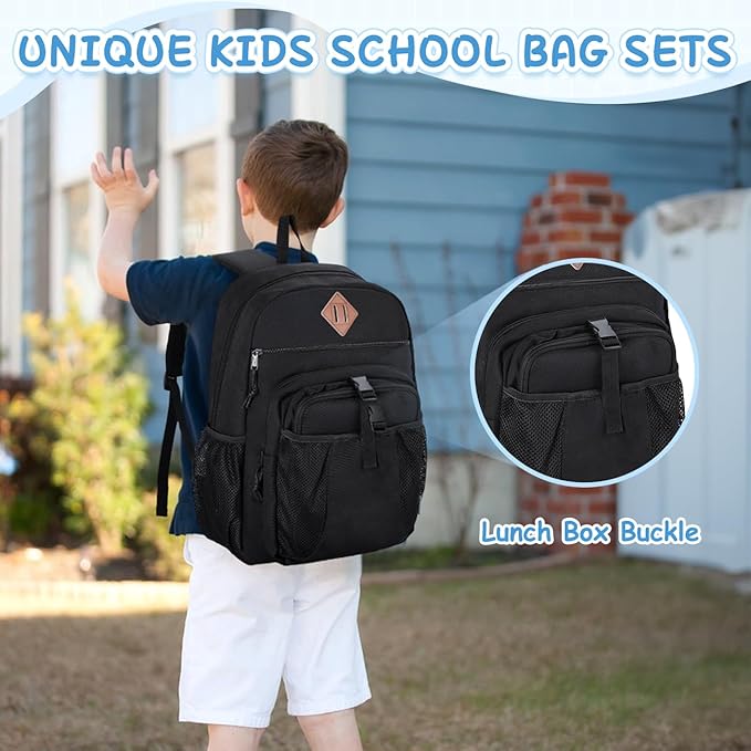 VASCHY Kids Backpack Lunch Bag Set, 2-1 School Bookbag Insulated Lunch Box for Toddlers,Preschool,Daycare,Kindergarten,Elementary School Black