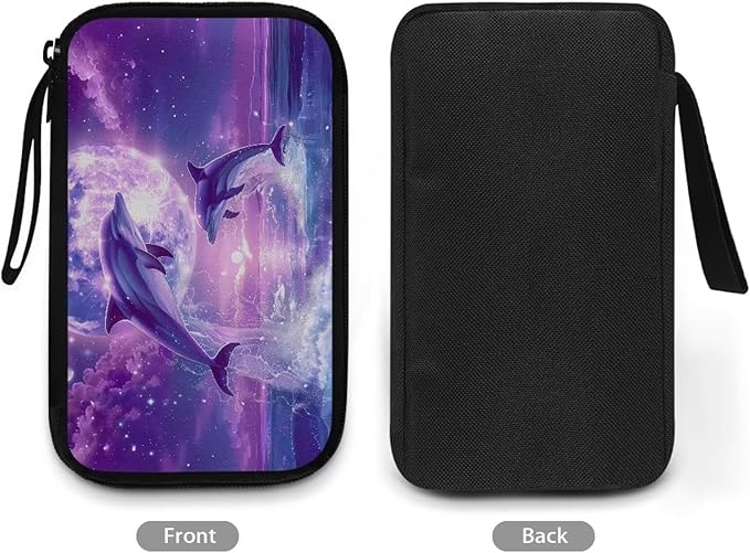 Purple Moonlight Dolphin Print Storage Pouch - Earphone, Cable Organizer, Power Bank & Data Cables Storage, Headset Organizing Multipurpose Bags