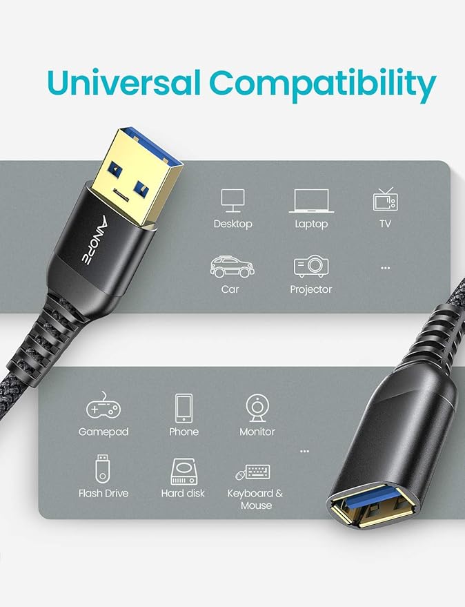 AINOPE USB Extension Cable,USB Extender,USB 3.0 Extension Cable, Male to Female Cord High Data Transfer Compatible with Webcam,Keyboard,Flash Drive,Hard Drive,Printer,6.6FT,Black