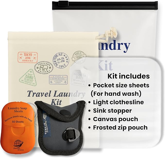 Travel Laundry Detergent Sheets Kit – Laundry Detergent Sheets 50-Count + Lightweight Travel Clothesline & Universal Sink Stopper with Canvas Bag and Frosted Zip Pouch for Hotels, Cruises & Trips