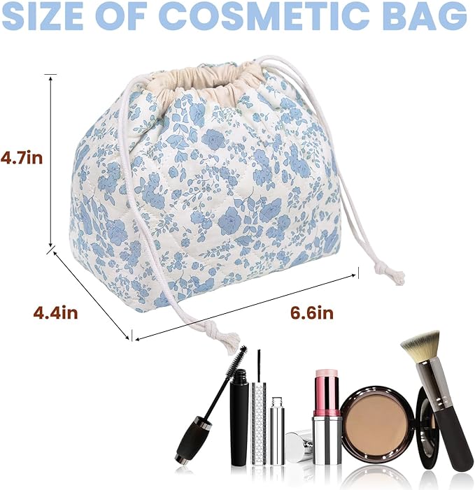 Gosect Large Makeup Bag, Cute Drawstring Cosmetic Bag with Canvas Lining, Floral Coquette Aesthetic Toiletry Bag, Travel Make Up Organizer Bag for Women and Girl (Blue Flower)
