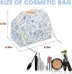 Gosect Large Makeup Bag, Cute Drawstring Cosmetic Bag with Canvas Lining, Floral Coquette Aesthetic Toiletry Bag, Travel Make Up Organizer Bag for Women and Girl (Blue Flower)