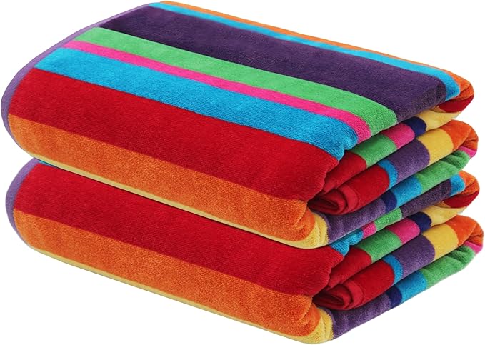 COTTON CRAFT Oversized Beach Towels - 2 Pack Summer of Siam XXL 35x84- The Big Kahuna 7 Foot Extra Large Beach Blanket Towel - Big & Tall - 100% Cotton Velour Plush Soft Luxury - Multi Color Stripe