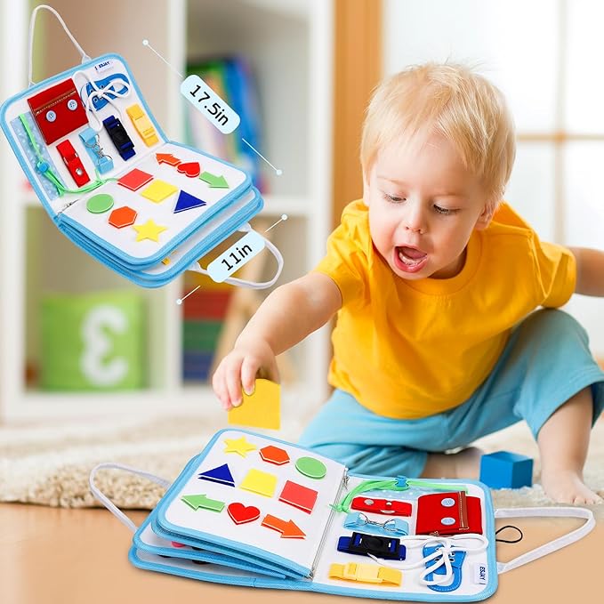 Esjay Toddler Busy Board Montessori Toys for Boys Girls, Sensory Book Educational Activities for Learning Fine Motor Skills, Birthday Gifts for Toddlers, Travel Toys for Airplane Car, White Dinosaur