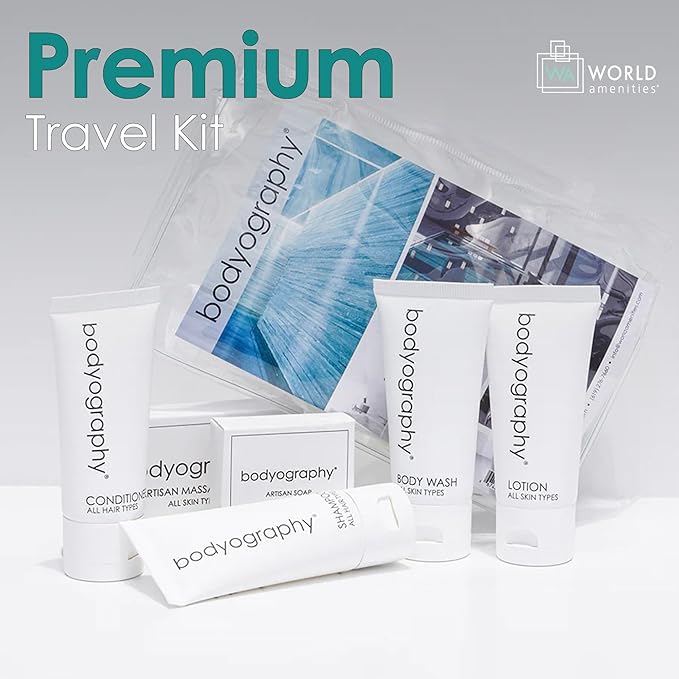 World Amenities - Bodyography Blanc Mini Travel Size Toiletries Bathroom Kit | Vanilla White Tea| Shampoo, Conditioner, Body Wash, Lotion, Artisan Soap and Massage Bar