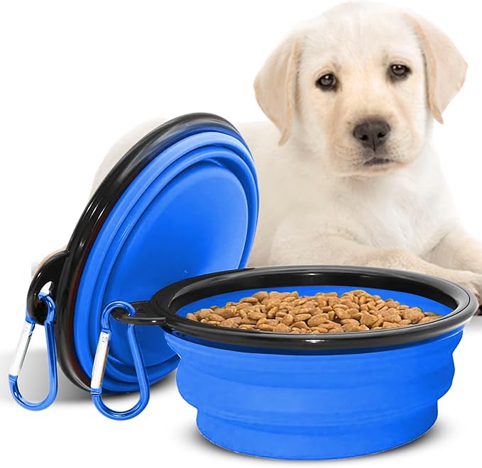 Collapsible Dog Bowls for Travel, Portable Dog Water Bowl & Food Bowl for Dogs and Cats, Foldable Pet Feeding Dish for Walking Hiking Camping with Carabiner, BPA Free, Blue