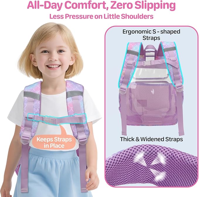 Bagseri 3pcs Clear Backpack for Girls - 15 Inch School Bag Set with Lunch Box and Pencil Case, Heavy Duty Transparent Bookbag for Kindergarten to Grade 2, Purple Mermaid