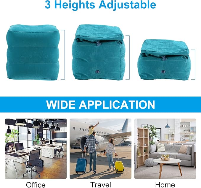 PATIKIL Travel Foot Rest Pillow, Inflatable Foot Rest Mat Adjustable 3 Layers Height Sleep Flights Leg Pillow for Airplane Train Office, Teal Blue