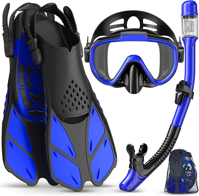 Ubekezele Snorkeling Gear for Adults Men Women,4 in 1 Snorkel Set with Panoramic View Diving Mask Anti-Fog Anti-Leak,Dry Top Snorkel,Fins and Travel Bag for Swimming,Snorkeling and Travel Diving